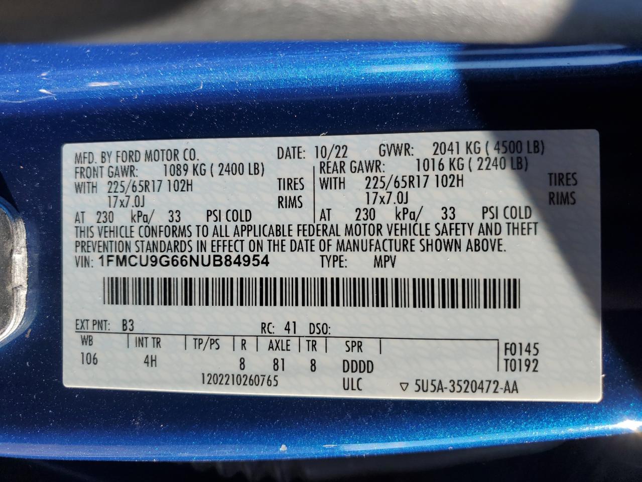 2022 Ford Escape Se VIN: 1FMCU9G66NUB84954 Lot: 90874065