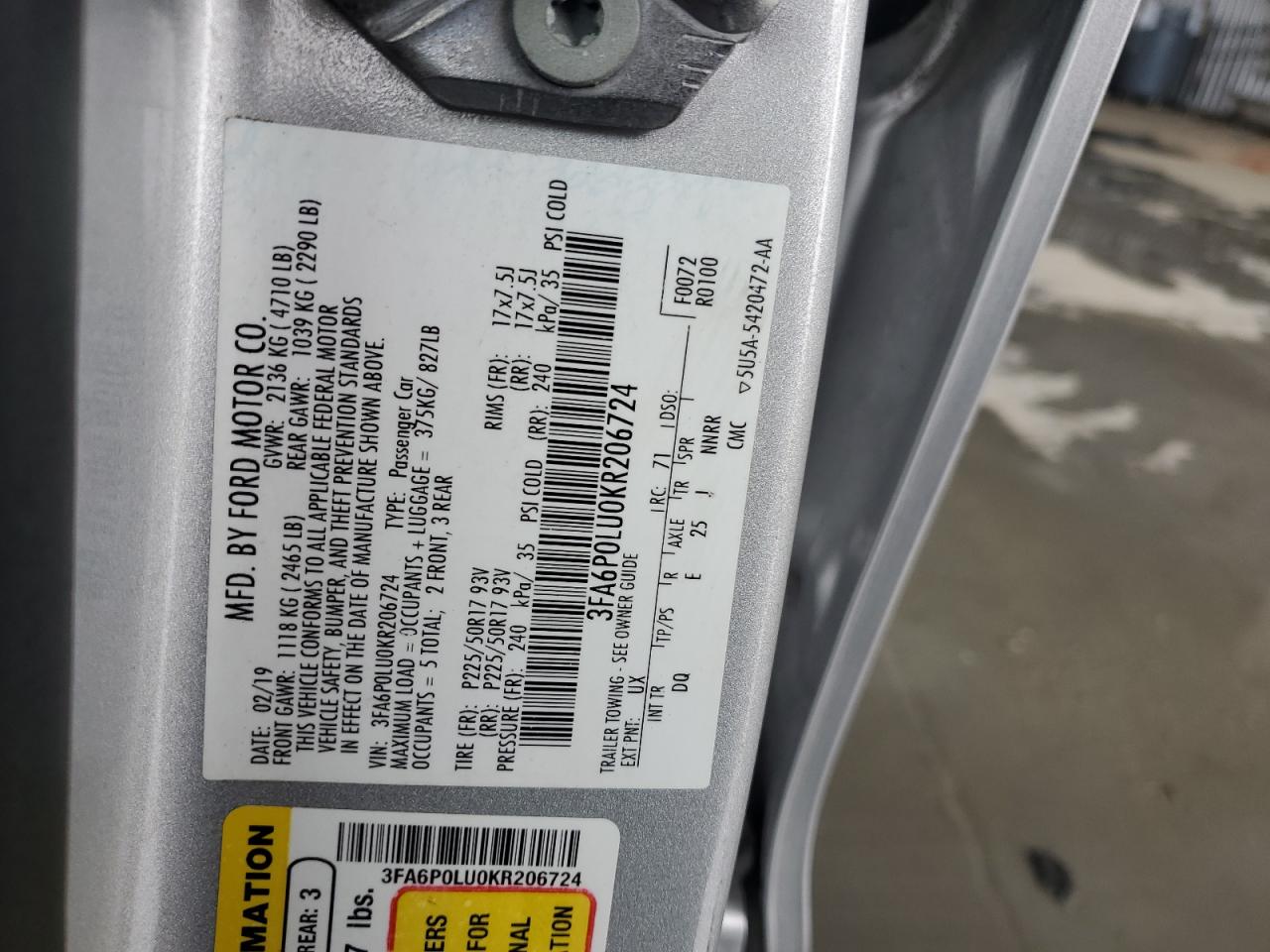 2019 Ford Fusion Se VIN: 3FA6P0LU0KR206724 Lot: 87487075