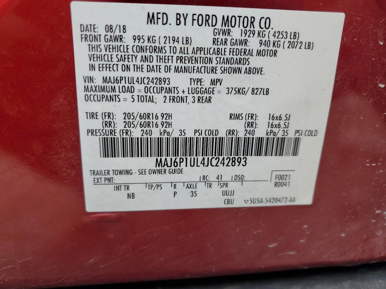 2018 Ford Ecosport Se VIN: MAJ6P1UL4JC242893 Lot: 85331805