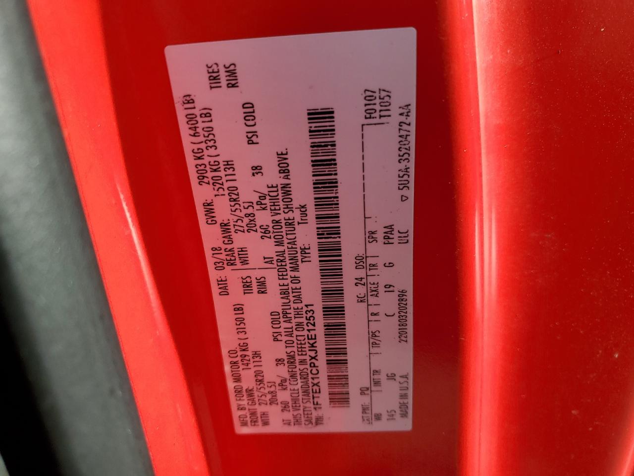 2018 Ford F150 Super Cab VIN: 1FTEX1CPXJKE12531 Lot: 81981645