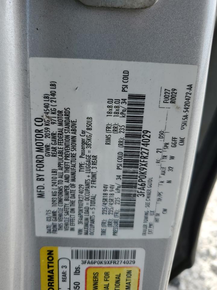 2015 Ford Fusion Titanium VIN: 3FA6P0K9XFR274029 Lot: 84072325