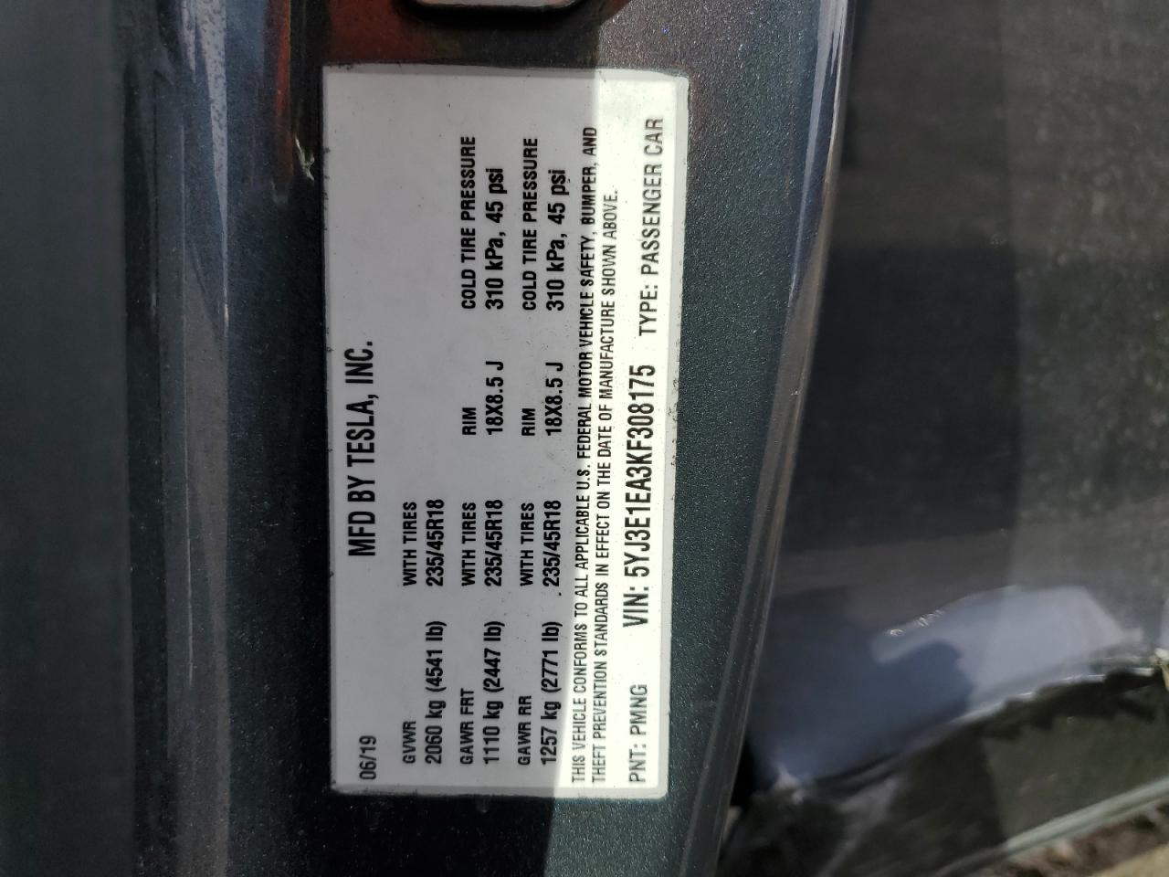 2019 Tesla Model 3 VIN: 5YJ3E1EA3KF308175 Lot: 85291555