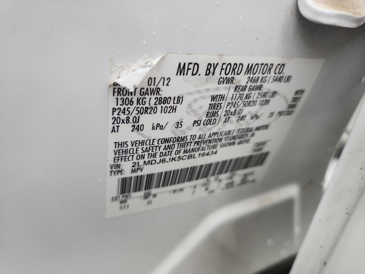 2012 Lincoln Mkx VIN: 2LMDJ6JK5CBL16434 Lot: 87187615