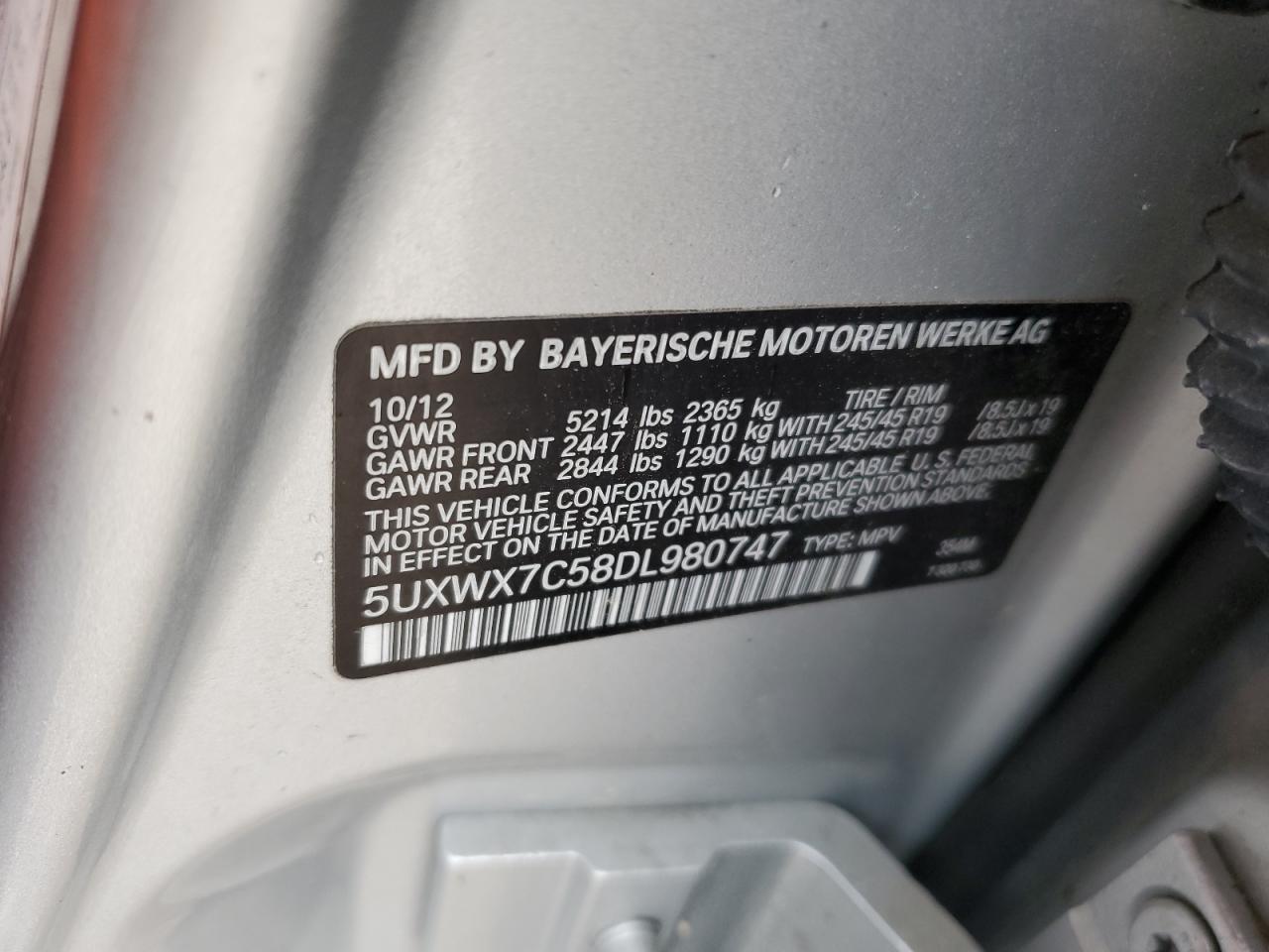 2013 BMW X3 xDrive35I VIN: 5UXWX7C58DL980747 Lot: 85798425