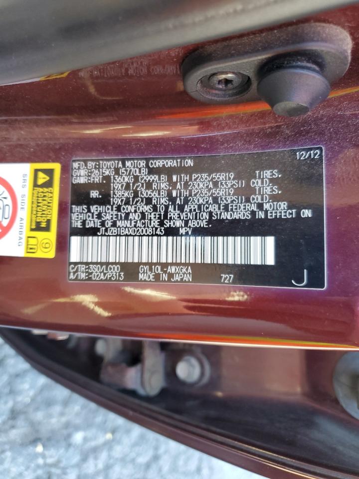 2013 Lexus Rx 450H VIN: JTJZB1BAXD2008143 Lot: 89834895