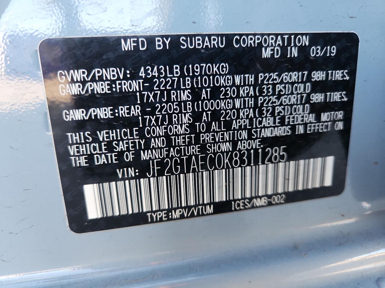 2019 Subaru Crosstrek Premium VIN: JF2GTAEC0K8311285 Lot: 85383165