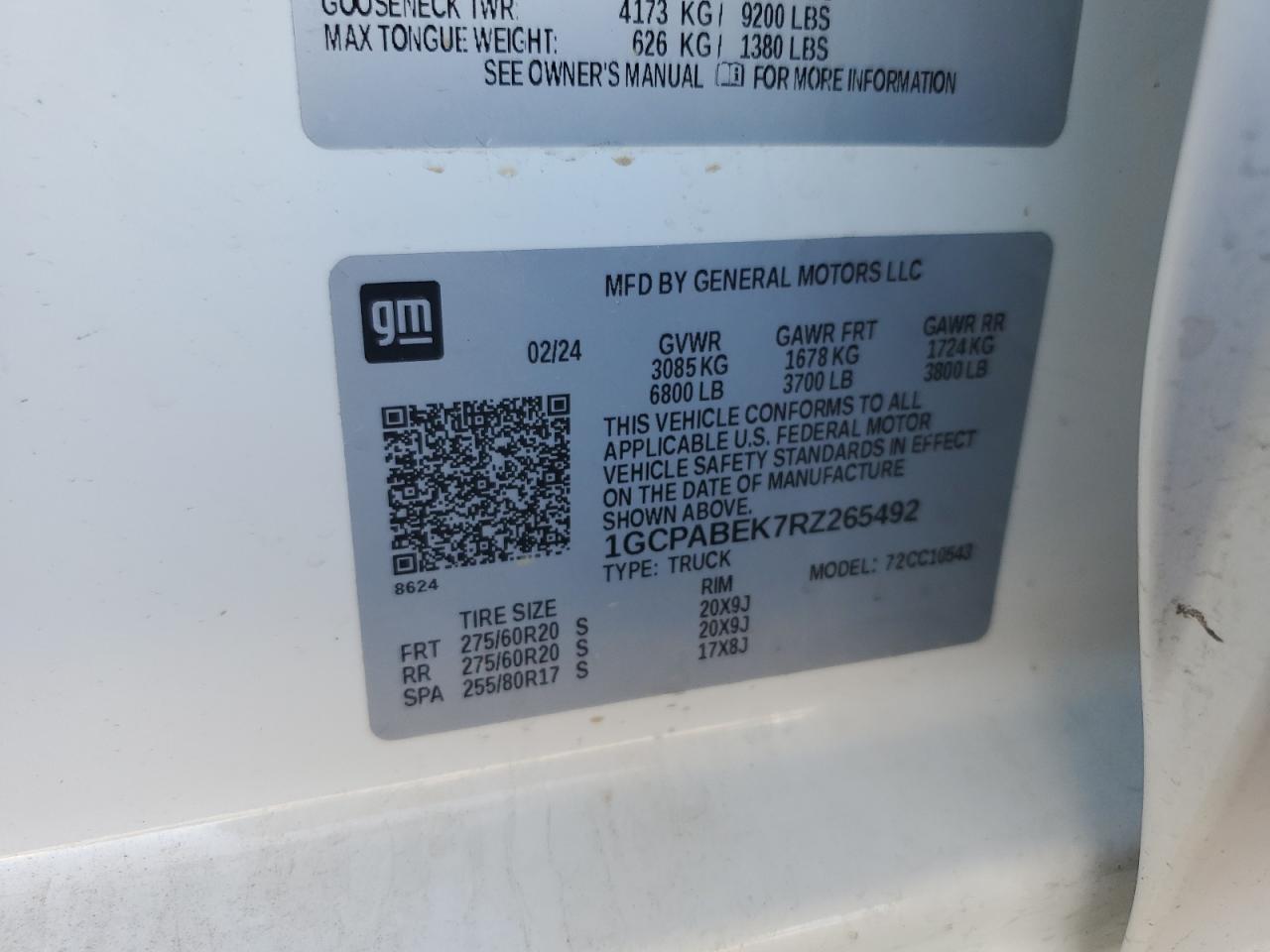 2024 Chevrolet Silverado C1500 Custom VIN: 1GCPABEK7RZ265492 Lot: 85941385