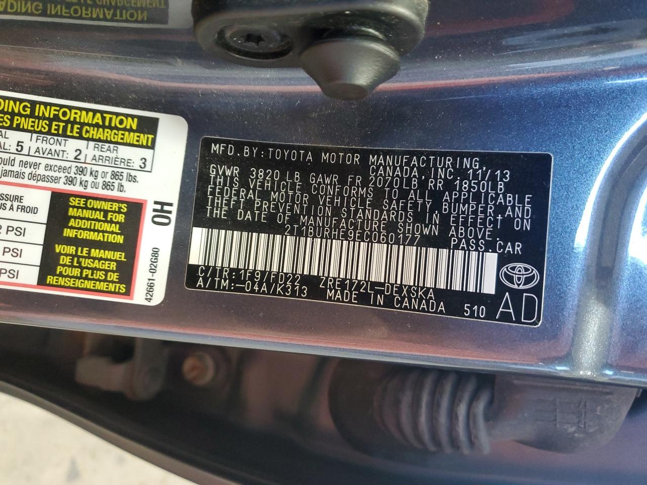 2014 Toyota Corolla L VIN: 2T1BURHE9EC060177 Lot: 85387885