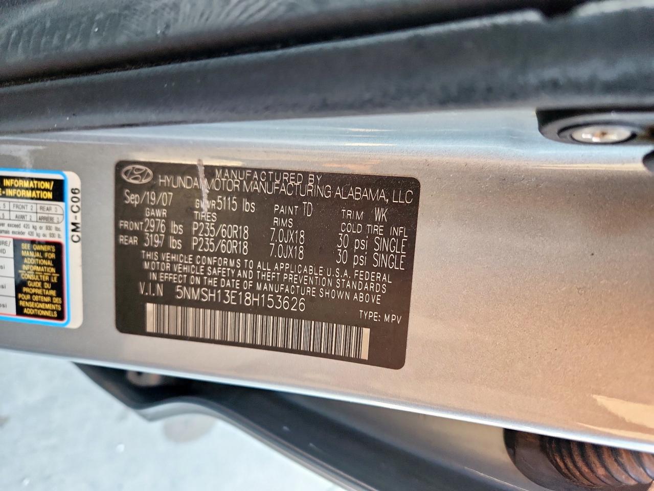 2008 Hyundai Santa Fe Se VIN: 5NMSH13E18H153626 Lot: 85748365
