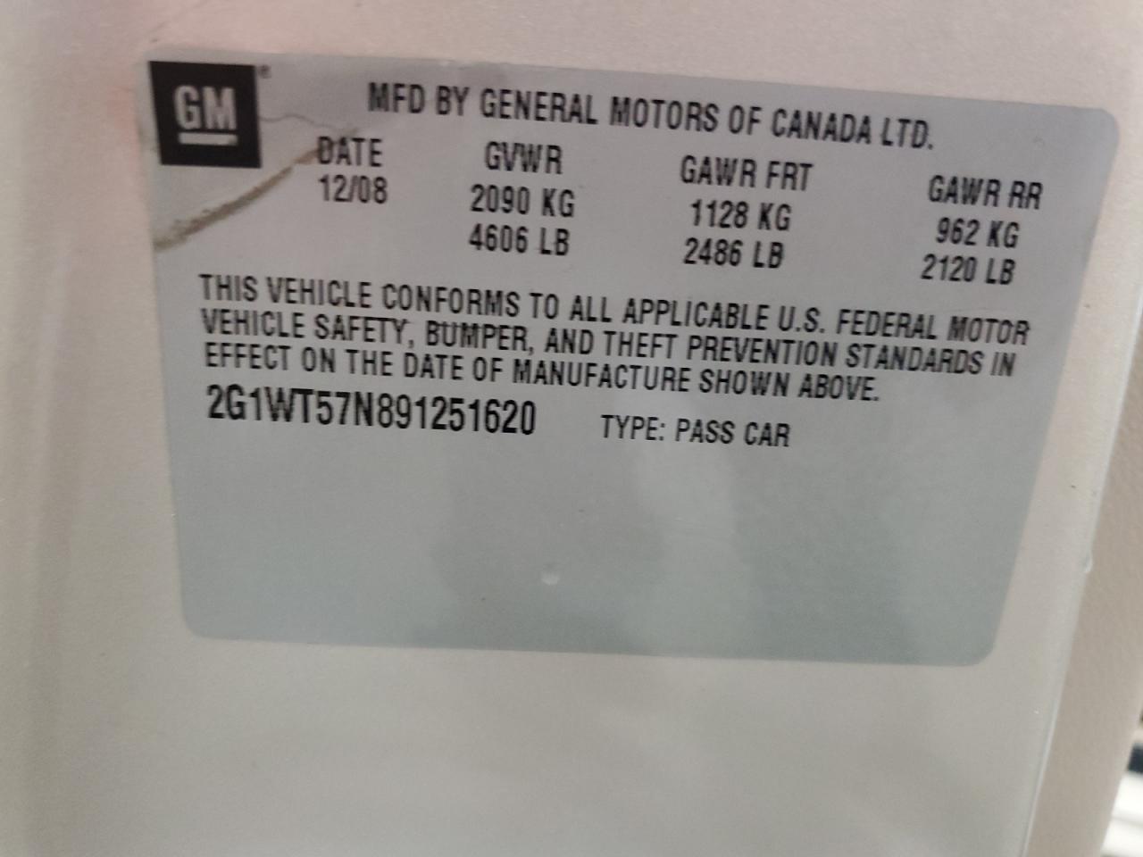 2009 Chevrolet Impala 1Lt VIN: 2G1WT57N891251620 Lot: 89649285