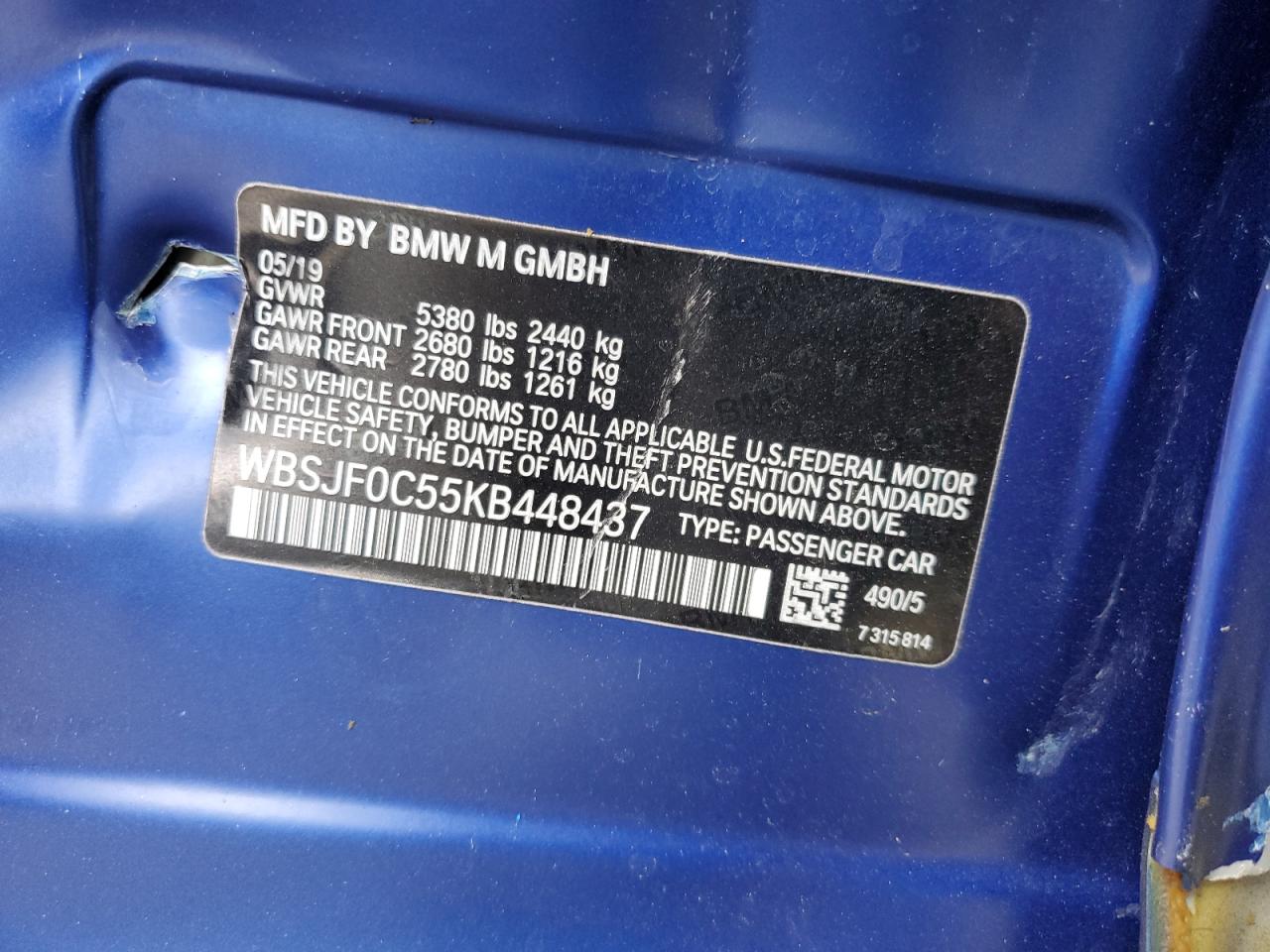 2019 BMW M5 VIN: WBSJF0C55KB448437 Lot: 85735825