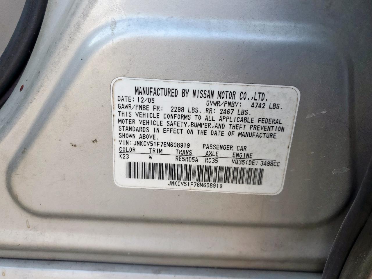 2006 Infiniti G35 VIN: JNKCV51F76M608919 Lot: 82008835