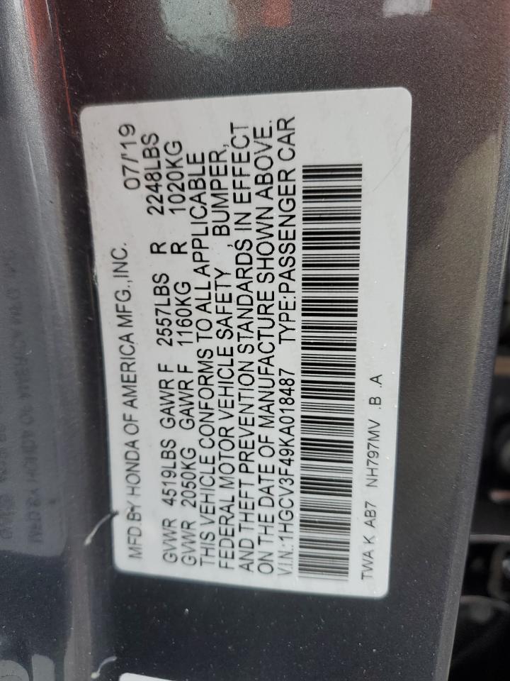 2019 Honda Accord Hybrid Ex VIN: 1HGCV3F49KA018487 Lot: 85684685