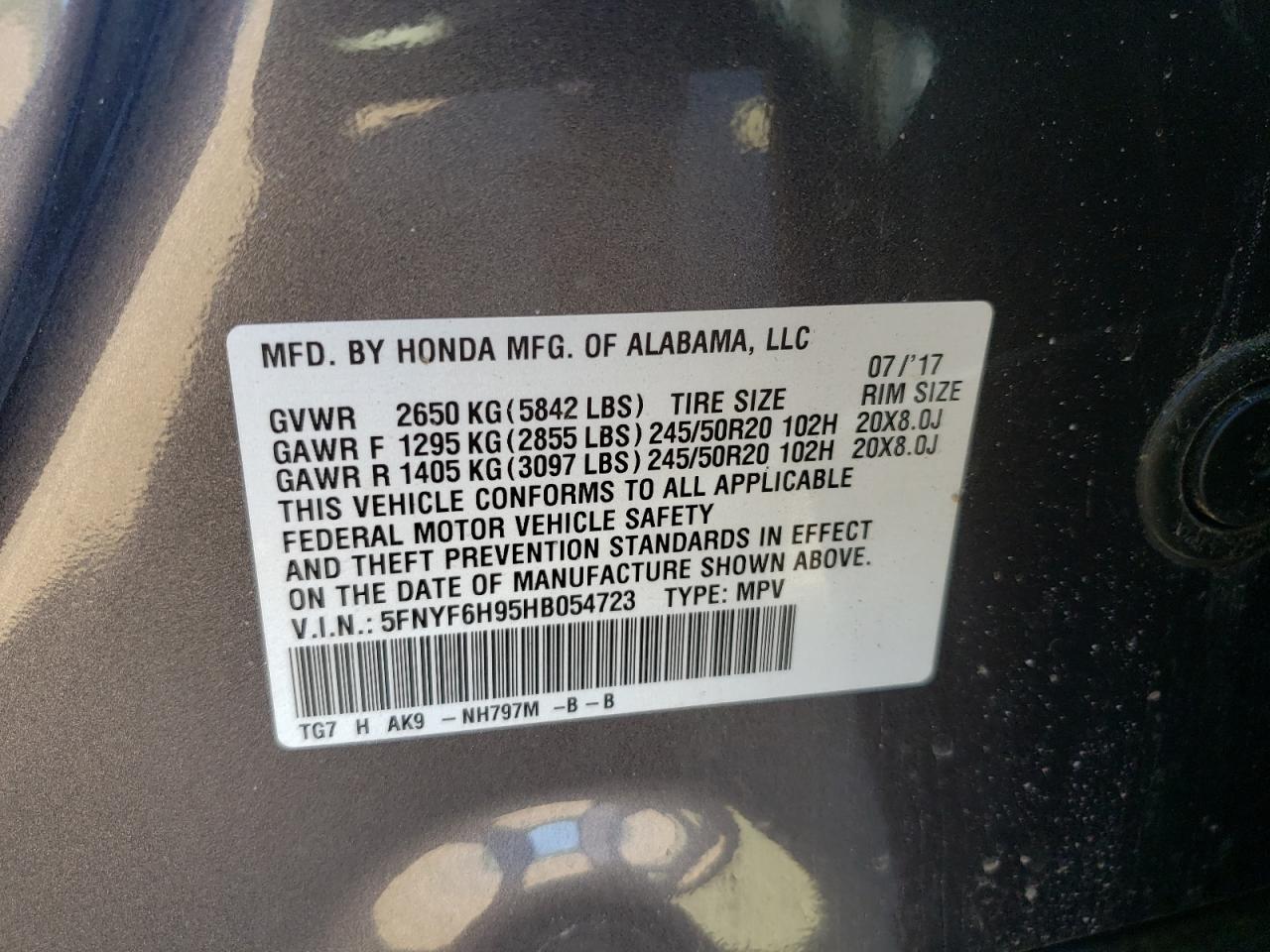 2017 Honda Pilot Touring VIN: 5FNYF6H95HB054723 Lot: 84872875