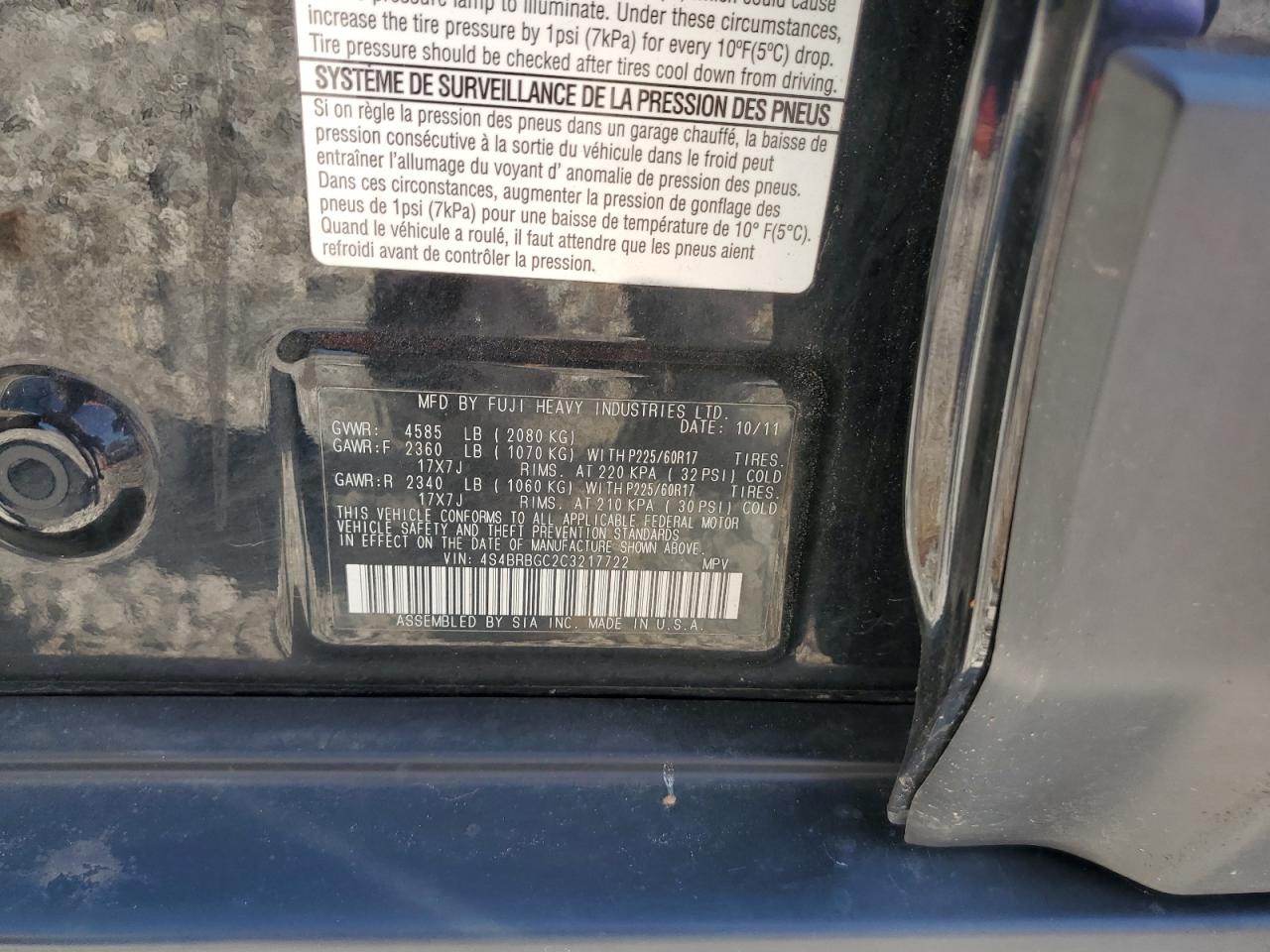 2012 Subaru Outback 2.5I Premium VIN: 4S4BRBGC2C3217722 Lot: 86271275