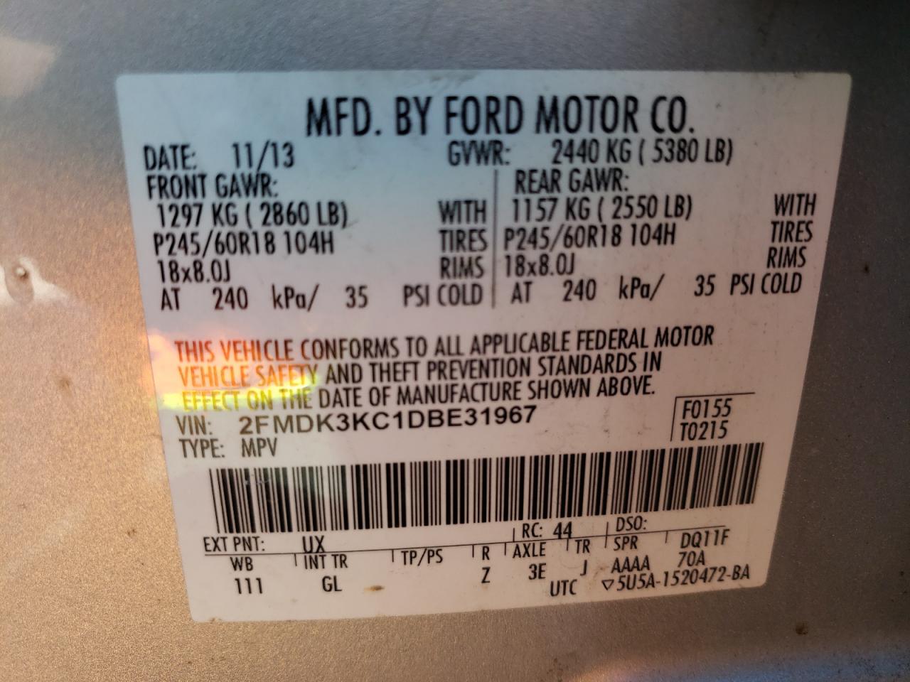 2013 Ford Edge Limited VIN: 2FMDK3KC1DBE31967 Lot: 86468885