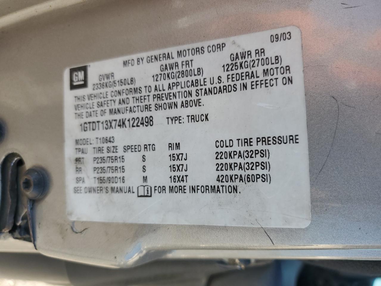 2004 GMC Sonoma VIN: 1GTDT13X74K122498 Lot: 85757855