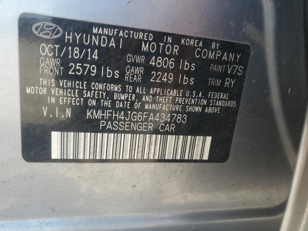 2015 Hyundai Azera Limited VIN: KMHFH4JG6FA434783 Lot: 85336925