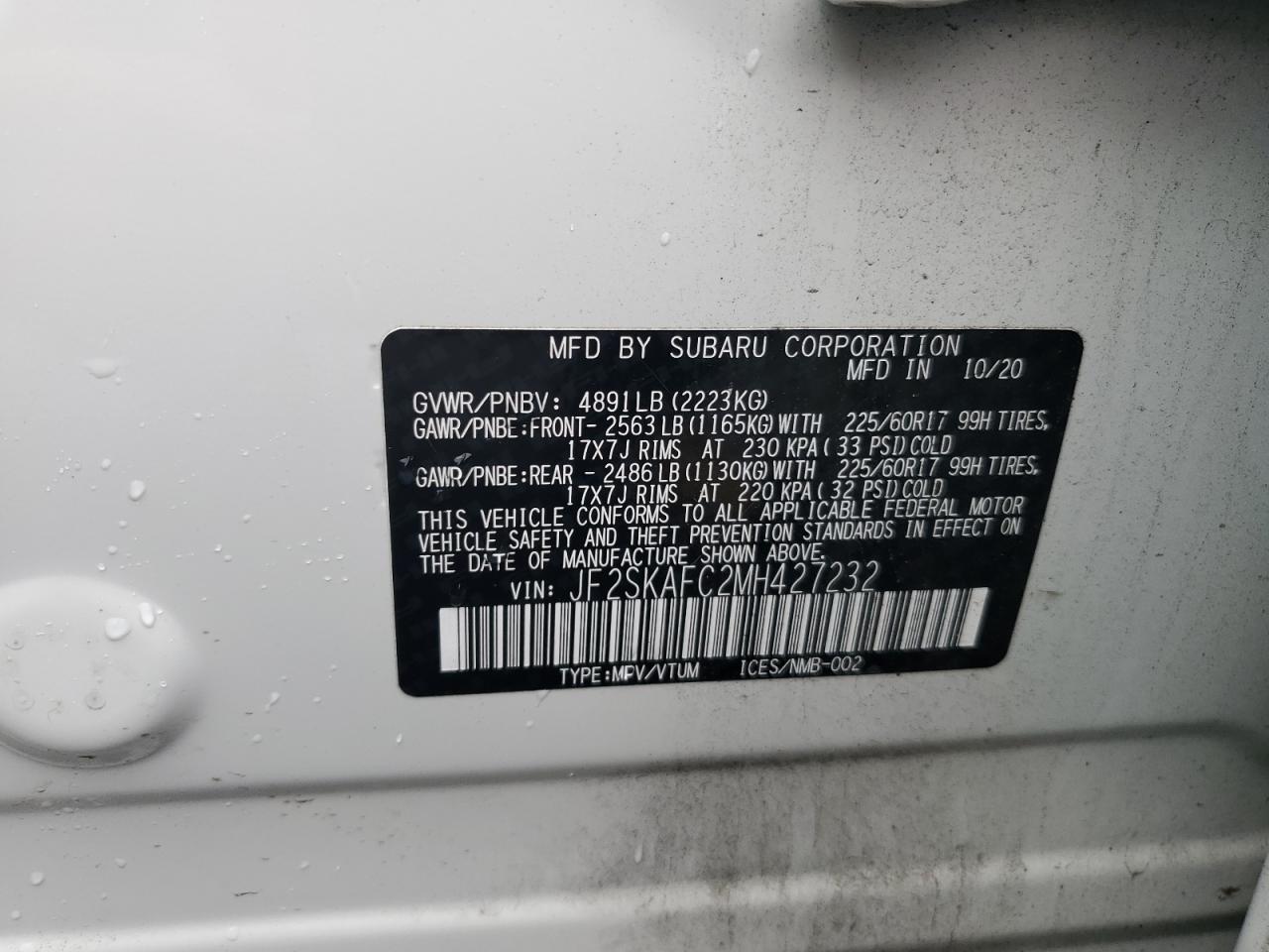 2021 Subaru Forester Premium VIN: JF2SKAFC2MH427232 Lot: 90551305