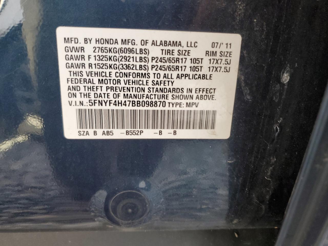 2011 Honda Pilot Ex VIN: 5FNYF4H47BB098870 Lot: 84965085