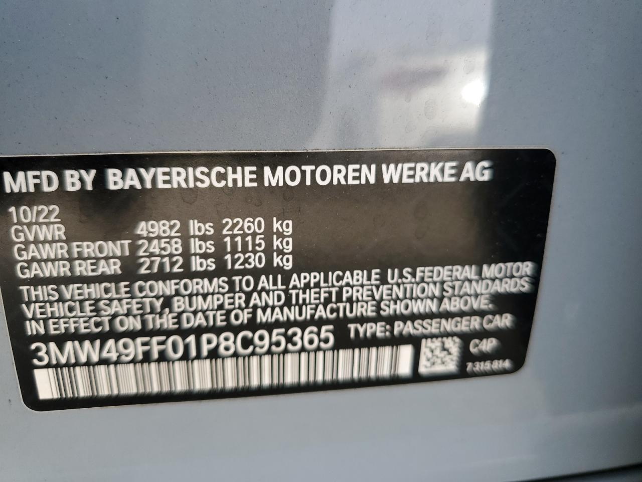 2023 BMW M340Xi VIN: 3MW49FF01P8C95365 Lot: 82214855
