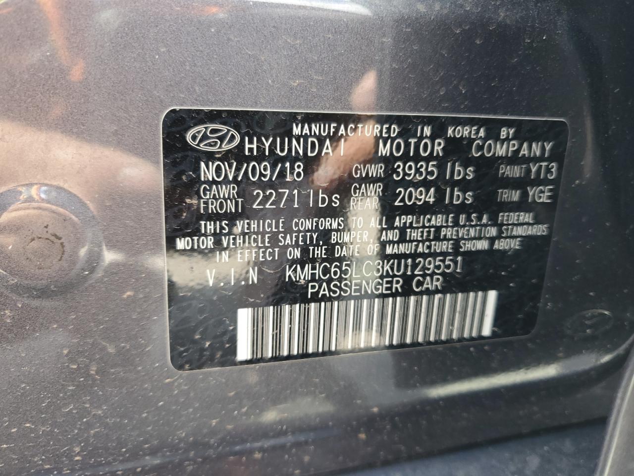 2019 Hyundai Ioniq Blue VIN: KMHC65LC3KU129551 Lot: 84617535