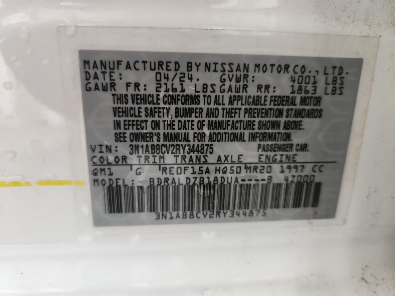 2024 Nissan Sentra Sv VIN: 3N1AB8CV2RY344875 Lot: 85006345