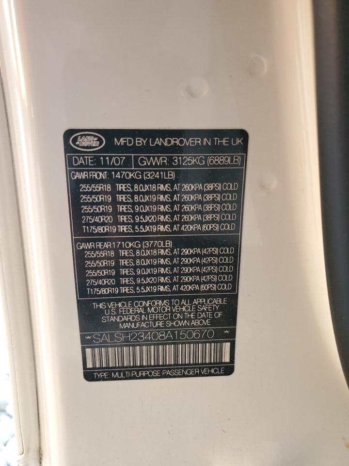 2008 Land Rover Range Rover Sport Supercharged VIN: SALSH23408A150670 Lot: 86544615