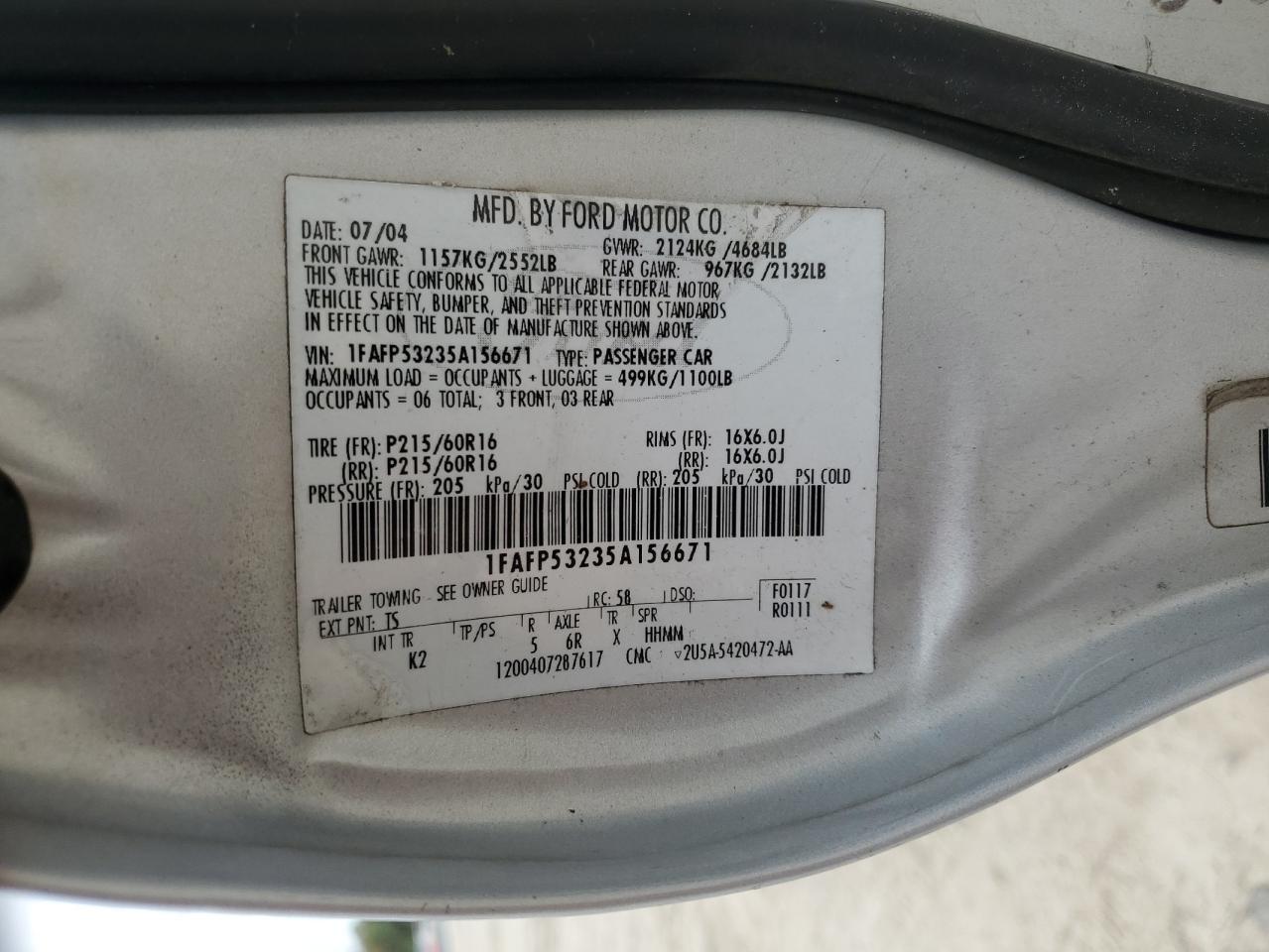 2005 Ford Taurus Se VIN: 1FAFP53235A156671 Lot: 90821345