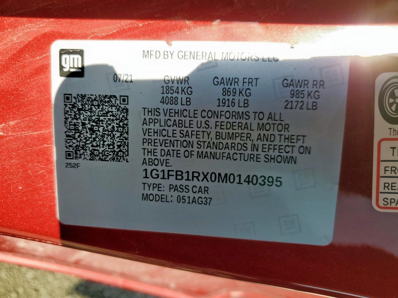 2021 Chevrolet Camaro Ls VIN: 1G1FB1RX0M0140395 Lot: 92122265