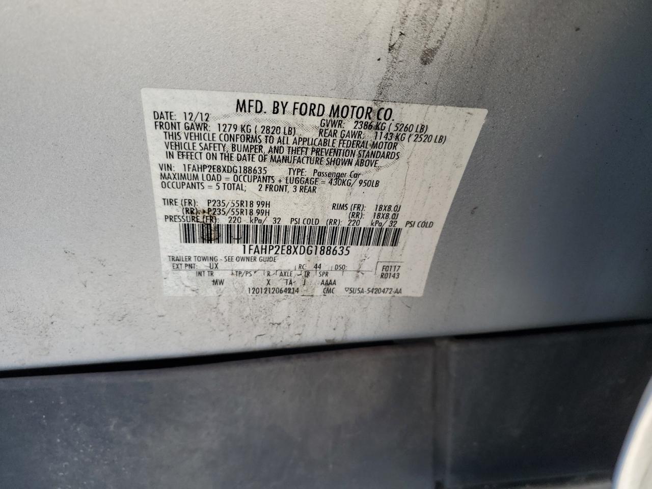 2013 Ford Taurus Sel VIN: 1FAHP2E8XDG188635 Lot: 82261435