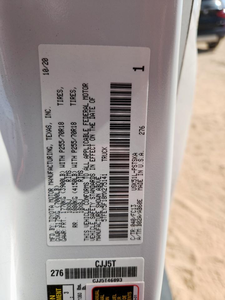 2021 Toyota Tundra Crewmax Sr5 VIN: 5TFEY5F18MX275141 Lot: 85462795