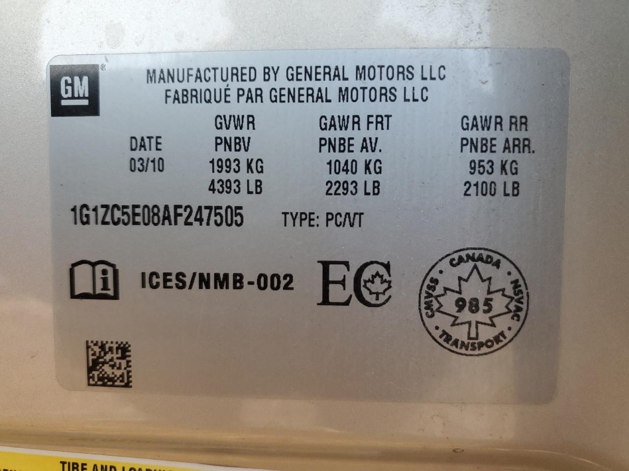 2010 Chevrolet Malibu 1Lt VIN: 1G1ZC5E08AF247505 Lot: 86136555