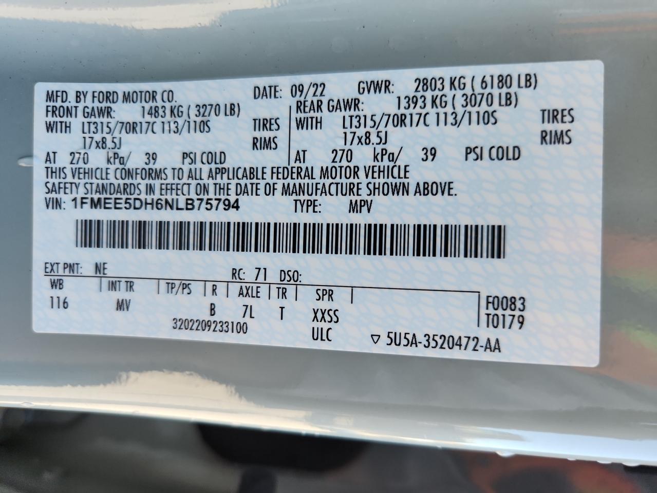 2022 Ford Bronco Base VIN: 1FMEE5DH6NLB75794 Lot: 85766465