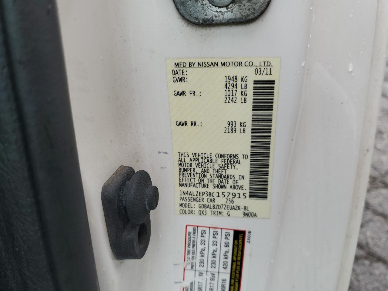 2011 Nissan Altima S VIN: 1N4AL2EP3BC157915 Lot: 84288055