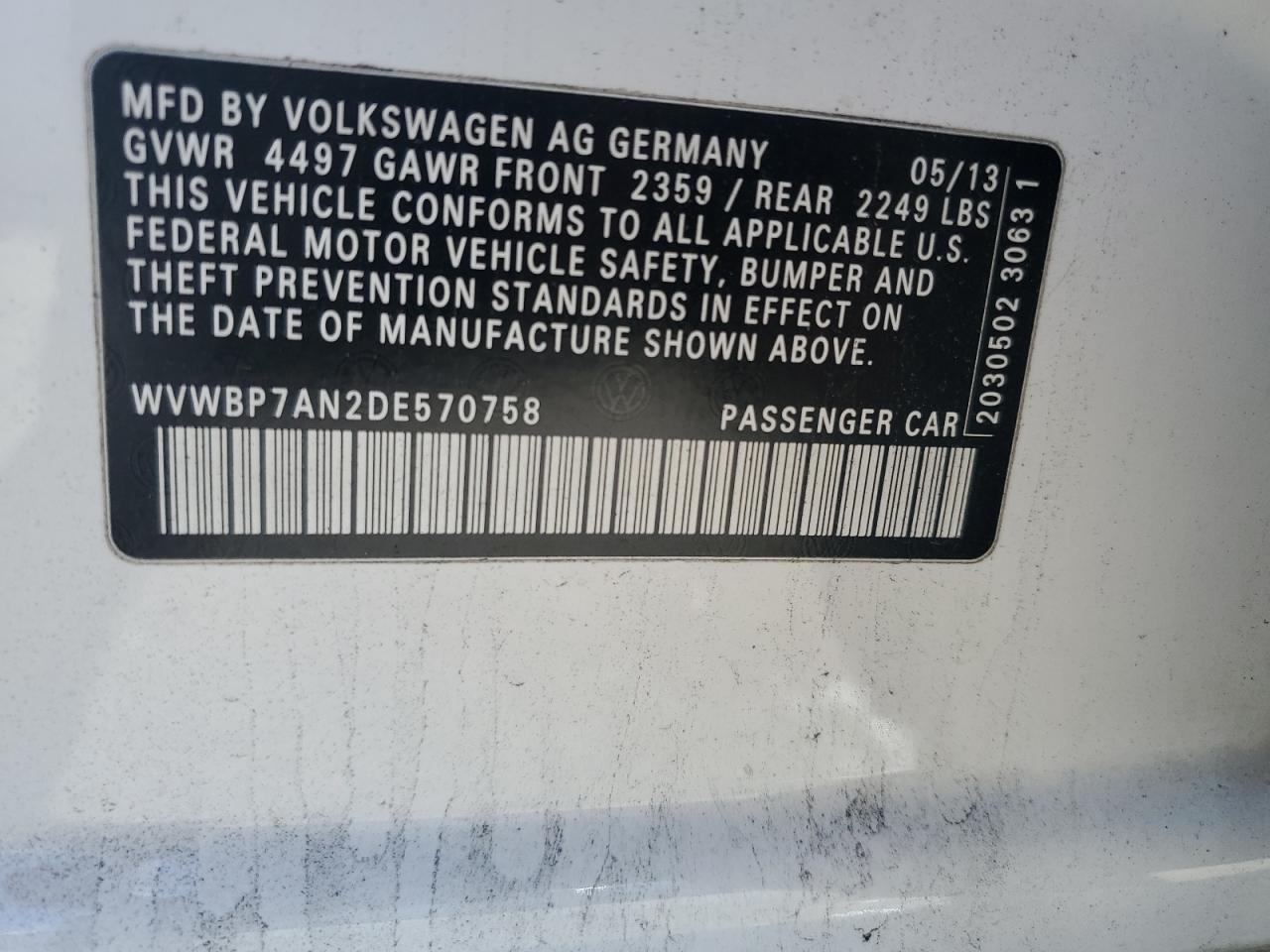 2013 Volkswagen Cc Sport VIN: WVWBP7AN2DE570758 Lot: 86898485