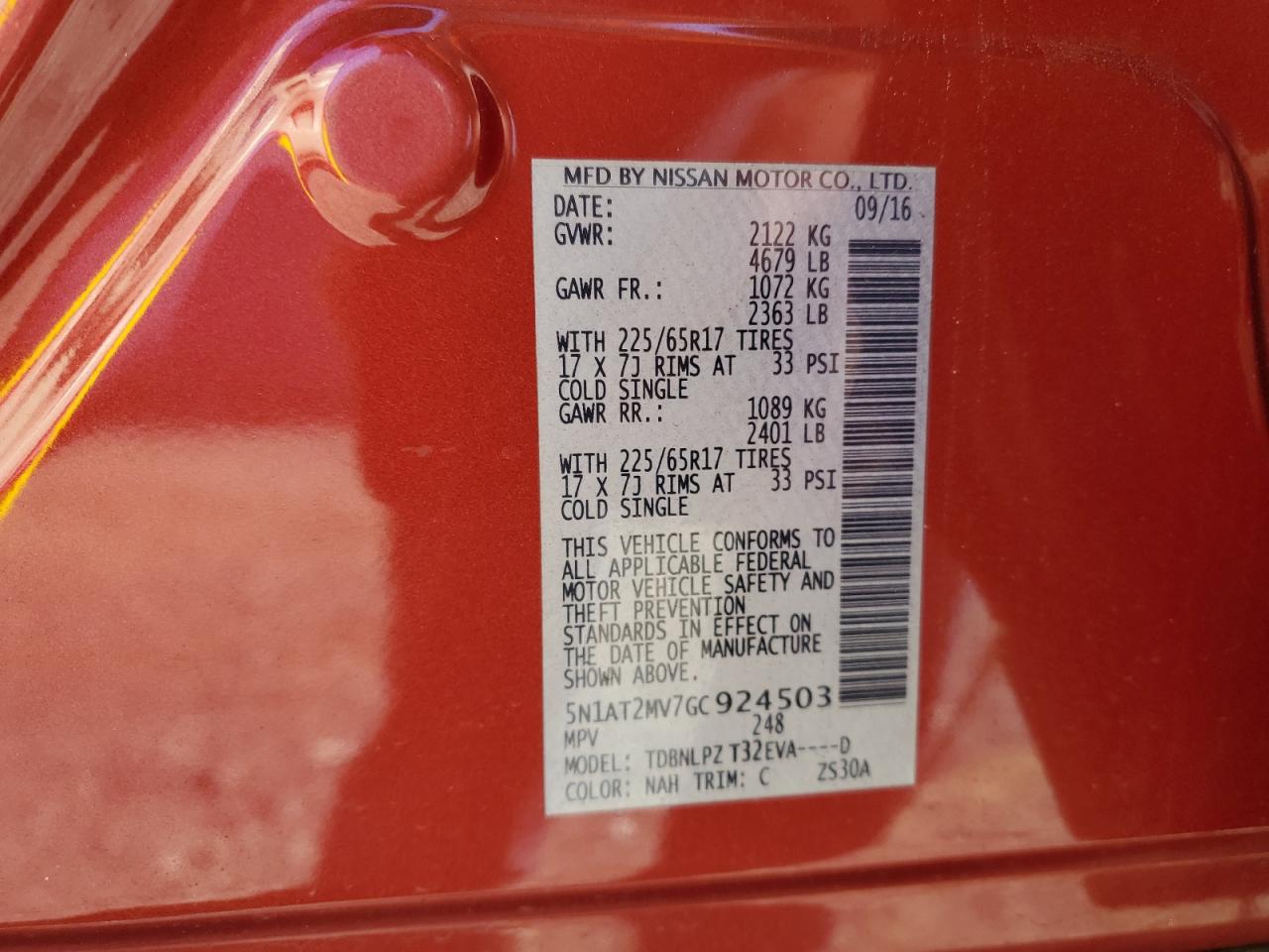 2016 Nissan Rogue S VIN: 5N1AT2MV7GC924503 Lot: 85722255