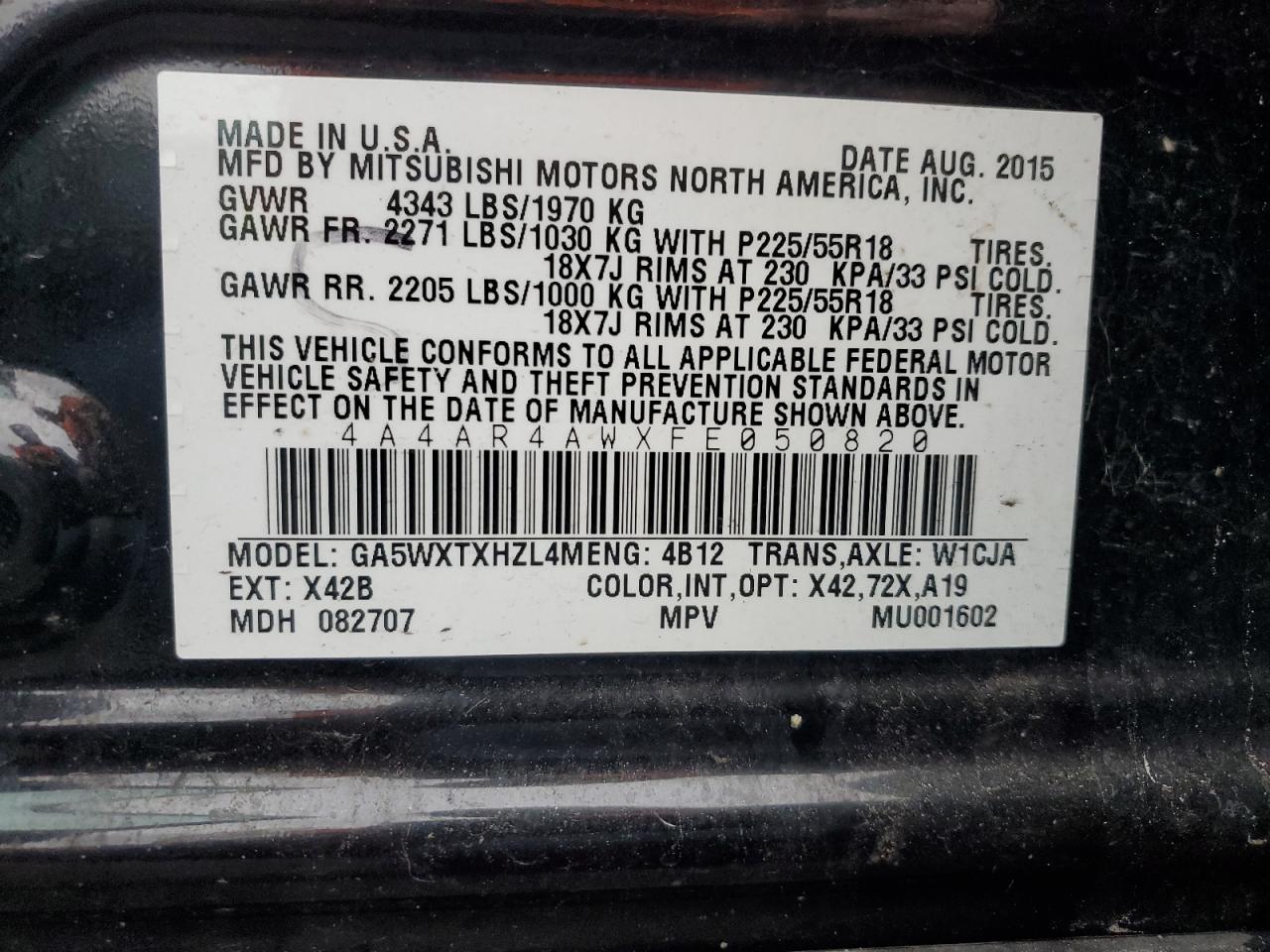 2015 Mitsubishi Outlander Sport Se VIN: 4A4AR4AWXFE050820 Lot: 85602645