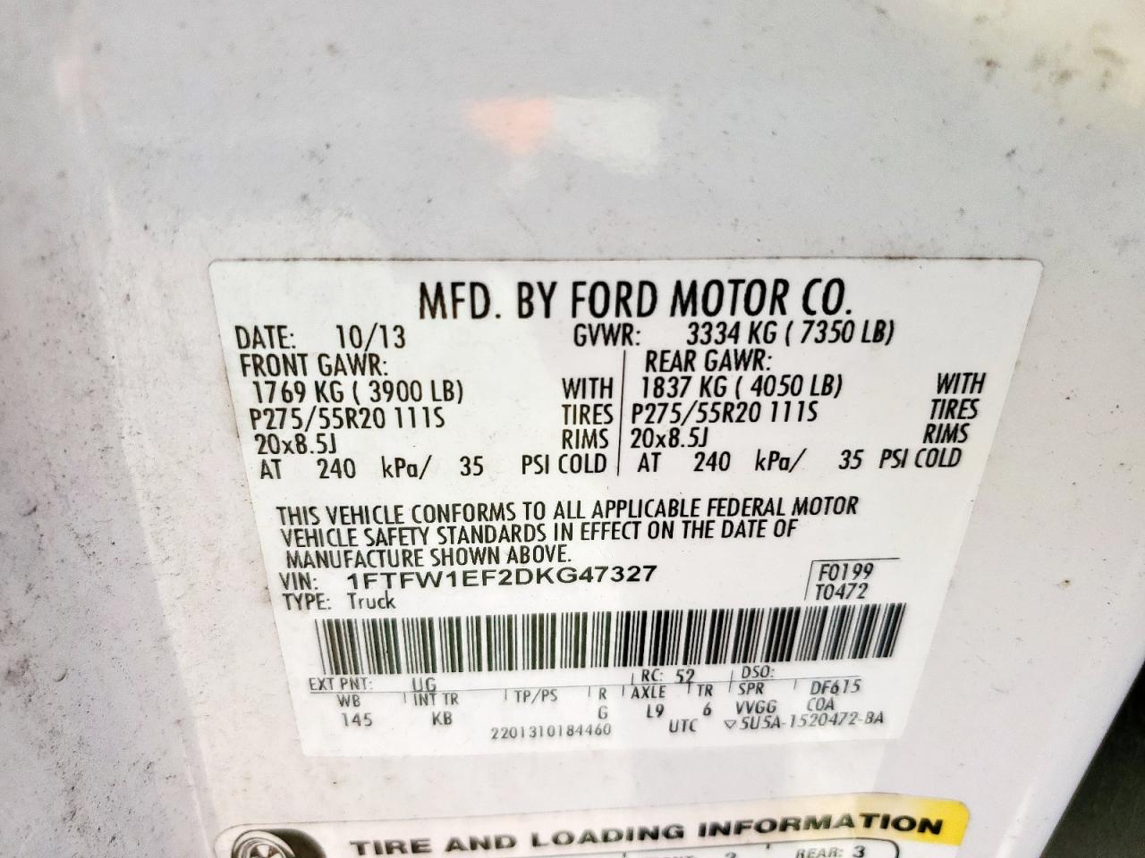 2013 Ford F150 Supercrew VIN: 1FTFW1EF2DKG47327 Lot: 85078725