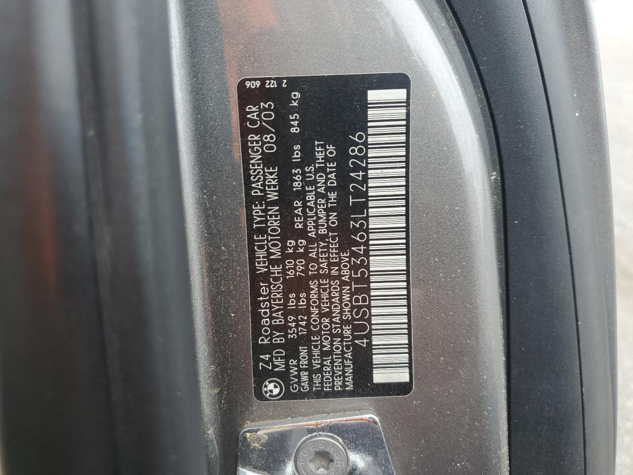 2003 BMW Z4 3.0 VIN: 4USBT53463LT24286 Lot: 82410015