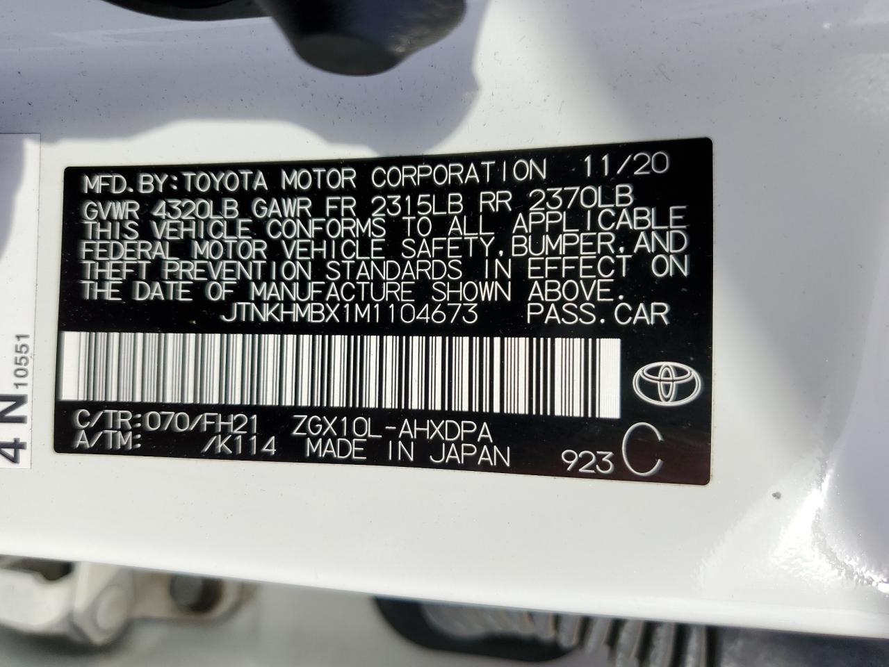 2021 Toyota C-Hr Xle VIN: JTNKHMBX1M1104673 Lot: 86100055