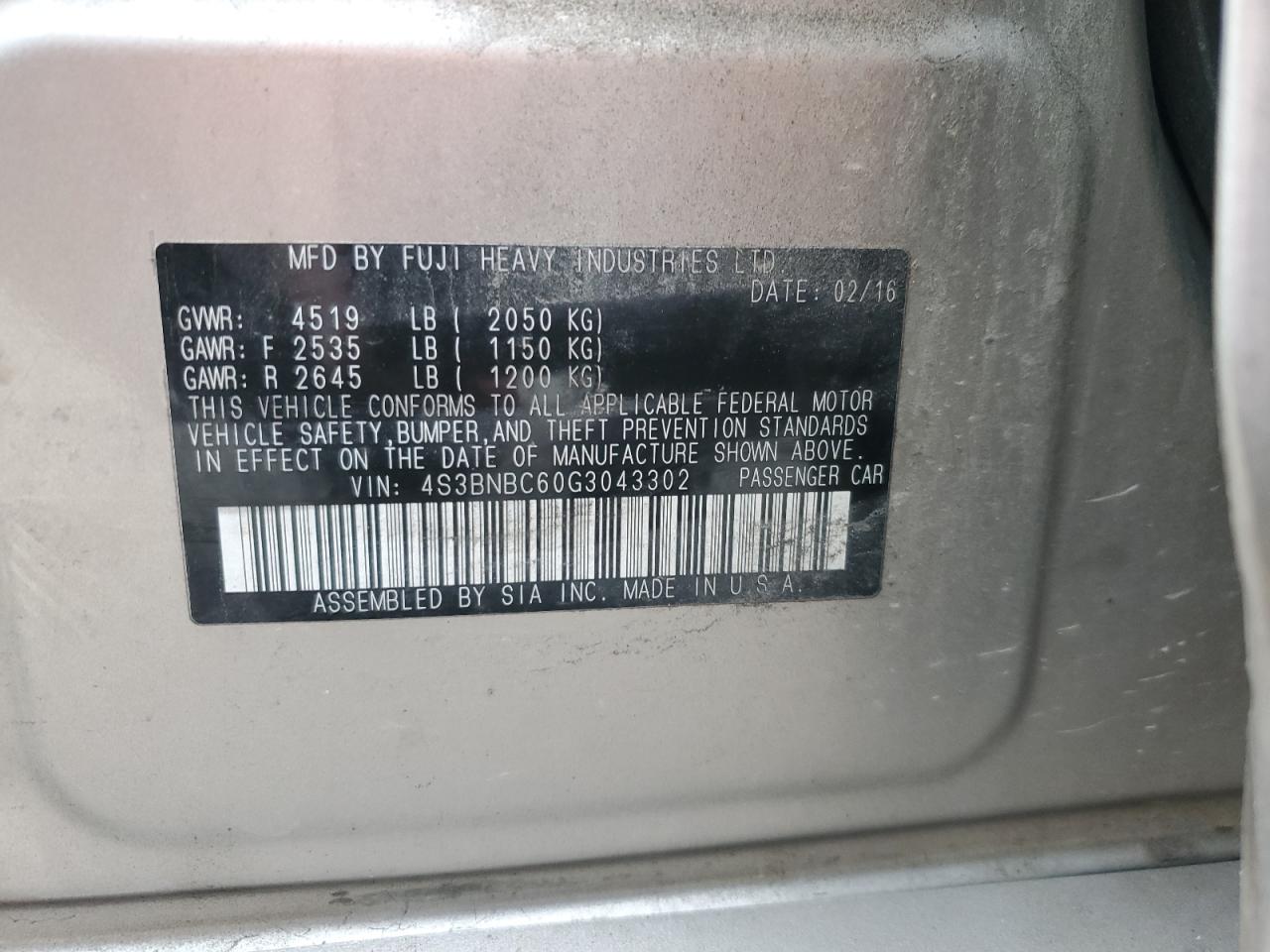 2016 Subaru Legacy 2.5I Premium VIN: 4S3BNBC60G3043302 Lot: 85085295