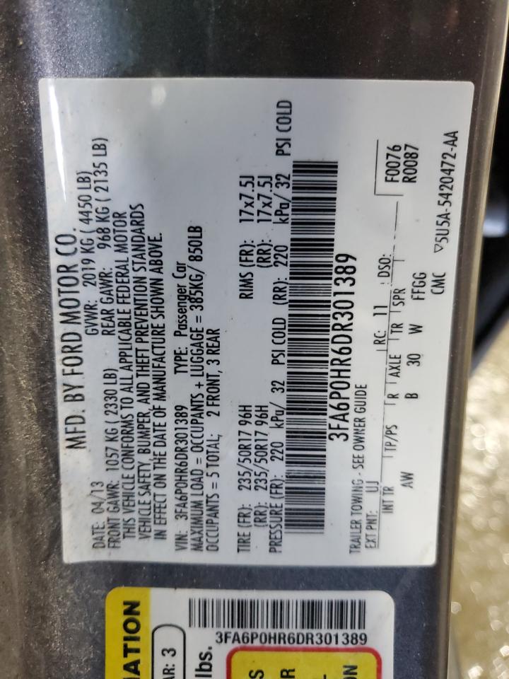 2013 Ford Fusion Se VIN: 3FA6P0HR6DR301389 Lot: 84741565