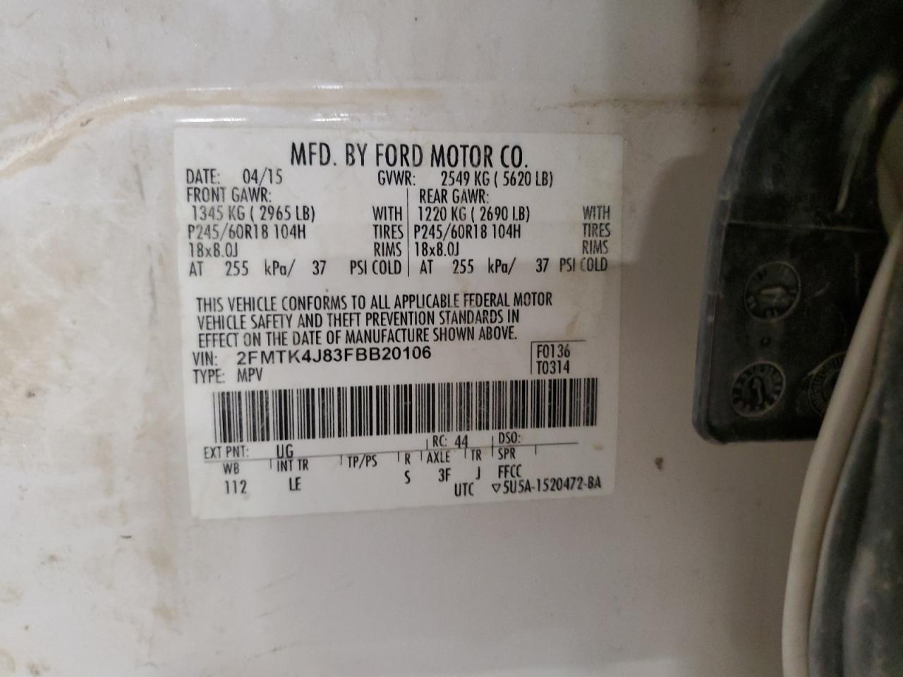 2015 Ford Edge Sel VIN: 2FMTK4J83FBB20106 Lot: 90370685