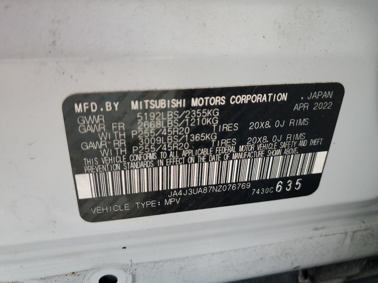 2022 Mitsubishi Outlander Se VIN: JA4J3UA87NZ076769 Lot: 82300085