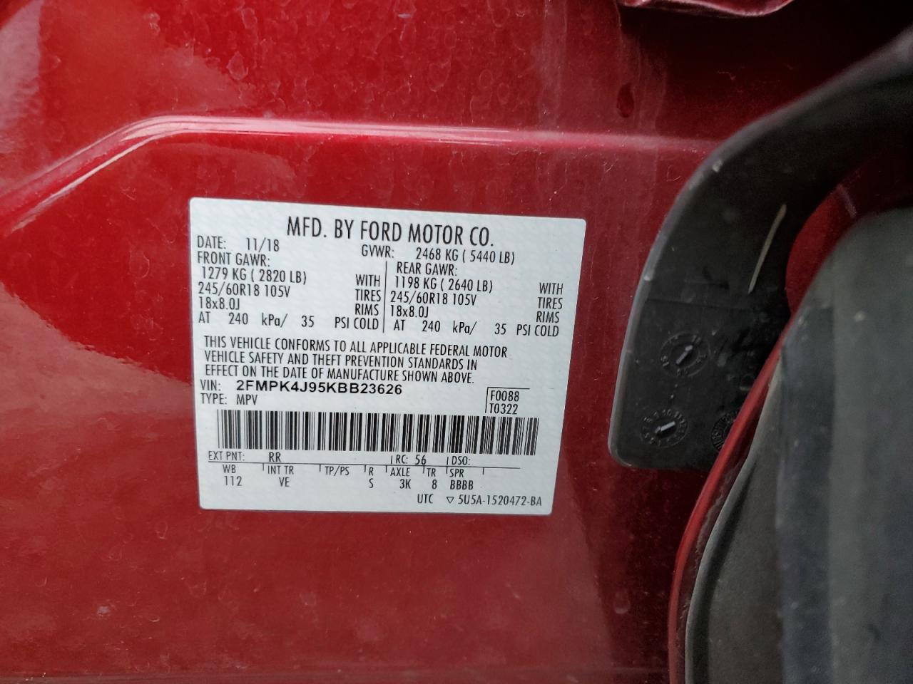 2019 Ford Edge Sel VIN: 2FMPK4J95KBB23626 Lot: 82390605