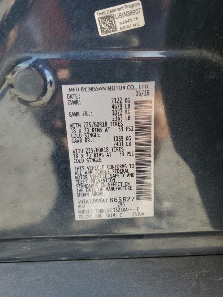 2016 Nissan Rogue S VIN: 5N1AT2MV0GC865827 Lot: 82196315