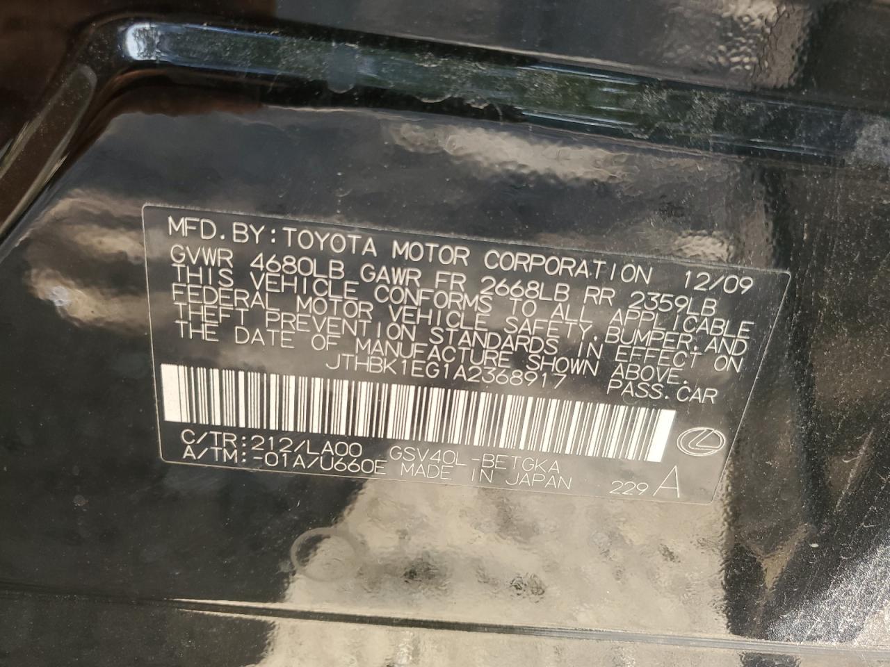 2010 Lexus Es 350 VIN: JTHBK1EG1A2368917 Lot: 85178705