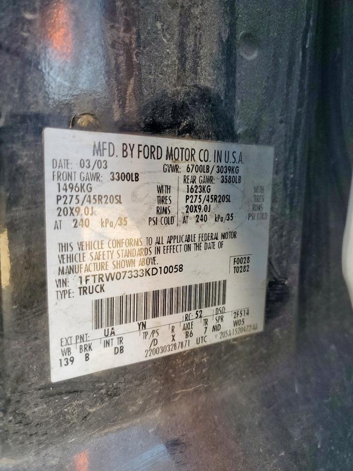 2003 Ford F150 Supercrew Harley Davidson VIN: 1FTRW07333KD10058 Lot: 86166475