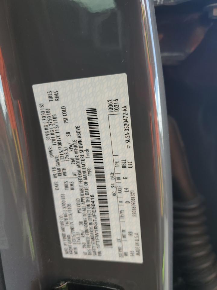 2018 Ford F150 Raptor VIN: 1FTFW1RG7JFE50418 Lot: 86531755